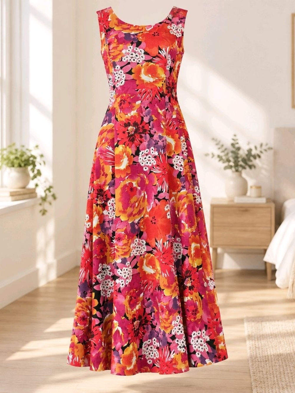 Ash Floral Scoop-Neck Maxi Dress in Pink, Orange and Purple